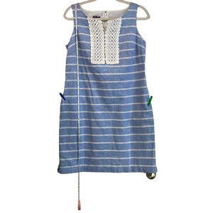 Talbots Womens Size 8 P Blue/White Striped Linen Blend Crochet V Neck